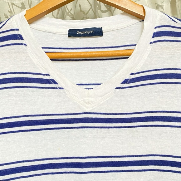 ZEGNA SPORT WHITE BLUE STRIPE PRINT V-NECK SHORT SLEEVE SHIRT - Picture 2 of 8